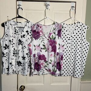 🍁Set of 3 Floral and Polka Dot Sleeveless Tops - Black, Purple, White sz XL